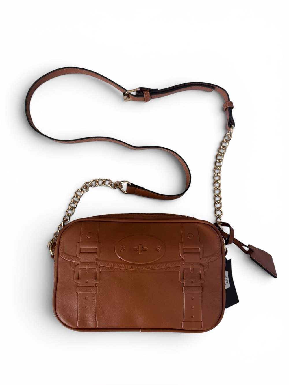 Vegan Leather Embossed Shoulder Bag in Saddle Brown and Gold